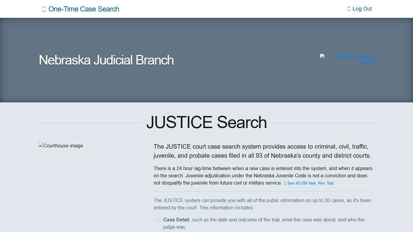 JUSTICE Search - One-Time Case Search | Main Page